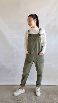 Long Sleeve Overall Outfit, Fall Shortalls With Bib Front And Pockets, Cotton Jumpsuits With Side Pockets For Fall, Cotton Jumpsuits And Rompers With Side Pockets For Fall, Fall Relaxed Fit Shortalls With Pockets, Khaki Cotton Jumpsuits And Rompers For Fall, Cotton Overalls For Fall, Utility Jumpsuit With Bib Front And Pockets, Suspenders Jumpsuits And Rompers For Workwear In Fall