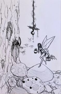 a drawing of a fairy sitting on top of a mushroom next to a tree trunk