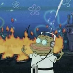 a cartoon character with headphones in front of a fire