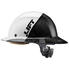 a white helmet with black and white stripes on the visor, attached to a metal hook