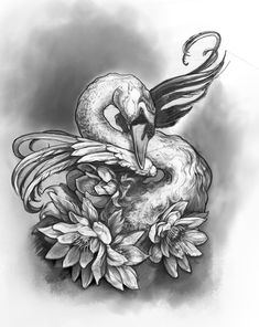 a black and white drawing of a swan with wings on its head sitting on top of flowers