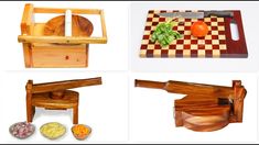 four different types of kitchen gadgets and cutting boards, including an onion slicer