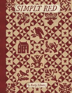 a book cover with red and white quilts on it, the title is simply red