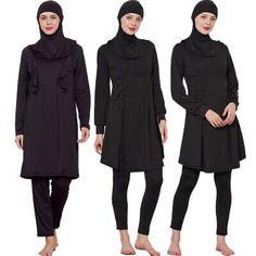 Trendy Fashion Women Muslim 3pcs Modest Swimsuit Burkini Full Cover Swimwear Islamic Swimming, Women's Swimwear Fitted Black Beach Set, Fitted Black Beachwear Sets, Fitted Solid Color Beach Sets, Casual Fitted 3-piece Set, Black Stretch Beachwear Sets, Beach Sets With Solid Color And Long Sleeves, Solid Long Sleeve Beach Sets, Beach Sets With Long Sleeves, Beach Long Sleeve Stretch Sets