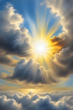 a painting of the sun shining through clouds