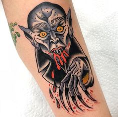 Neotraditional Horror Tattoo, Nosferatu Tattoo Traditional, Classic Monsters Tattoo, Trad Horror Tattoo, Long Haired Chihuahua Tattoo, Traditional Dracula Tattoo, American Traditional Vampire Tattoo, Vampire Tattoo Traditional, Old School Horror Tattoo