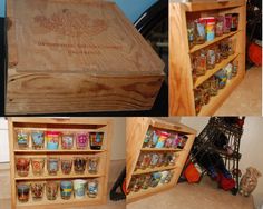 several pictures of the inside of a wooden storage unit with spices and spice jars in it