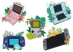 four different types of electronic devices with flowers and leaves around them on a white background