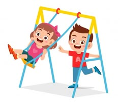 two children playing on a swing set