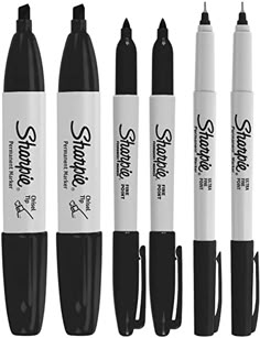 six pens with different types of writing on them and the words sharp written in black ink