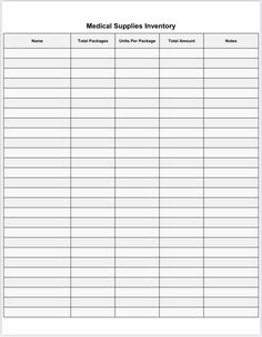 "A simple medical supply inventory PDF for your home or emergency stock. This is a downloadable medical supply stock inventory sheet that can be used for your home or for emergency/disaster preparedness. This has listings for the name of the item, the number of packages, the number of \"units\" in each package, the total amount in stock, and short notes. Depending on your needs, this could include nearly anything. My personal use is for emergency supply inventory (particularly bandages/wound car Organizing Medical Supplies, Medical Supply Storage, Medical Supply Organization, Wind Car, Inventory Sheet, Emergency Prepardness, Short Notes, Pharmacy Store, Docs Templates