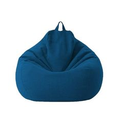 a blue bean bag chair sitting on top of a white floor