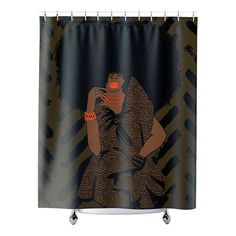 a shower curtain with an image of a woman wearing a scarf and holding a cup