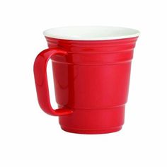 a red coffee cup with a white rim and handle is shown in front of a white background