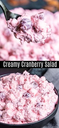 a spoon full of creamy cranberry salad in a black bowl with the title above it