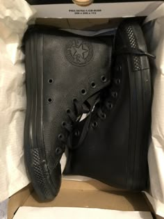 Converse Chuck Taylor All Star Hi Trainers Black Leather Style # 135251C BLACK MONO LEATHER Unisex sneakers US SIZE MEN’S 11.5 / WOMEN’S 13.5 UK 11.5 EUR 46 **additional sizes available, feel free to inquire. New in box. Authenticity guaranteed. Immediate shipment. Super stylish, yet classic and versatile. Even better in person. Happy to answer any questions. Thanks for looking! Black Leather Converse, All Black Converse, Black Chuck Taylors, Black Chucks, Leather Converse, Basic Shoes, Black Converse, Trainers Black, Air Jordans Retro