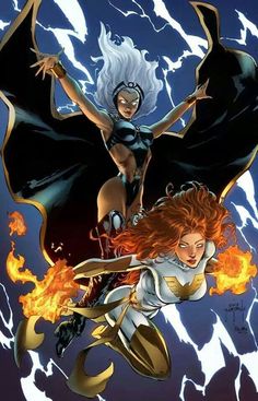 two women dressed as superheros flying through the air with fire and lightning behind them