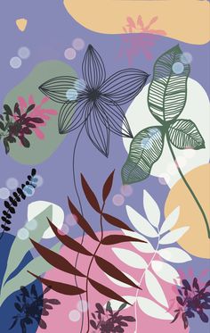 an image of flowers and leaves on a purple background