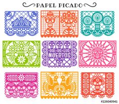 mexican paper cutting patterns with the words papel picadoro written in different colors