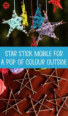 star stick mobile for a pop of color outside with text overlay that reads, star stick mobile for a pop of color outside