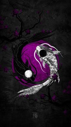 a purple and black painting with two fish in it's mouth, on a dark background