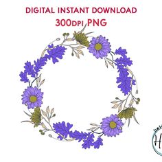 a purple flower wreath with the words digital instant printable