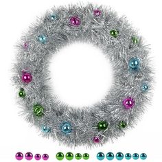 a christmas wreath with balls and tinsel