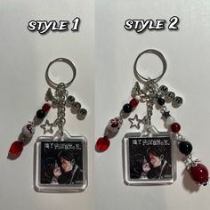 two keychains with pictures and charms attached to them, one has an image of the same person on it