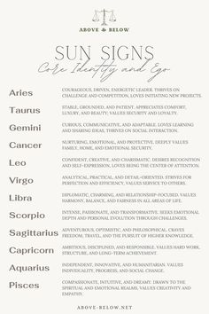 An infographic showcasing the traits of each zodiac sign's Sun placement for personality and identity insights. Aries Sun Sign, Astrology Cards, Sun In Aries, Sagittarius Woman