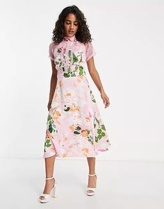 Liquorish Petite a line lace detail midi dress in floral | ASOS Spring A-line Midi Dress With Lace Trim, Spring Knee-length Midi Dress With Lace Trim, Spring Midi Dress With Lace Trim, Knee-length, Feminine Floral Print Midi Dress With Short Sleeves, Spring Mid-length Dress With Lace Trim, Mid-length Dresses With Lace Trim For Spring, Mid-length Lace Trim Dress For Spring, Feminine Spring Midi Dress With Lace Trim, Pink Lace Midi Dress With Lace Trim