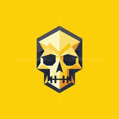 a yellow background with a skull on the front and bottom half of it, which is made up of geometric shapes