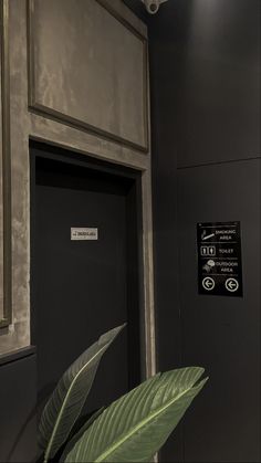 a green plant sitting in front of a door with a sign on it's side