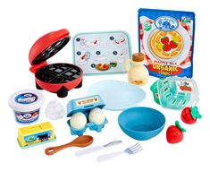 an assortment of toys including eggs, pans and utensils