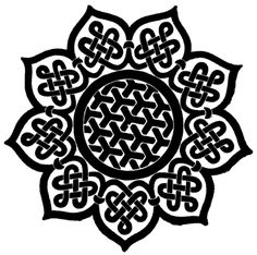 an intricate design in black and white, with intertwined circles on the center of it