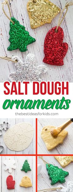 salt dough ornaments with the words salt dough ornaments on them and pictures of christmas trees