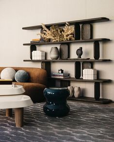 a living room filled with lots of furniture and shelves on the wall next to each other