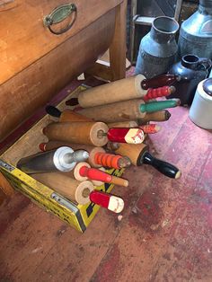 many different types of wood shavings are on the floor next to each other