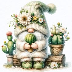 a watercolor painting of a gnome with cactuses and flowers on his head, sitting next to some cacti