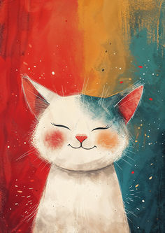 a painting of a white cat with its eyes closed on a red and blue background