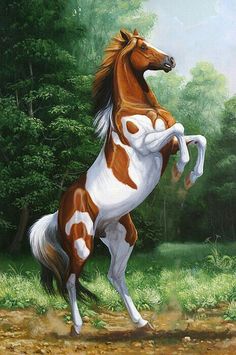 a painting of a brown and white horse standing on its hind legs with trees in the background