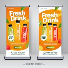 two roll up banners with orange juice and limes on them, one is for fresh drink