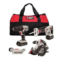 the porter drill kit includes two cordless power tools and a tool bag with accessories