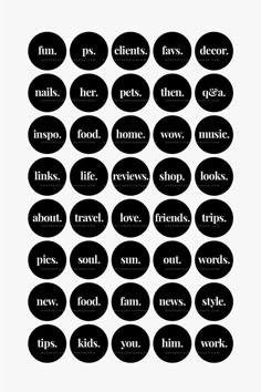 black and white circles with words on them