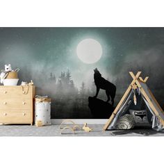 a child's room with a teepee tent and wolf mural on the wall