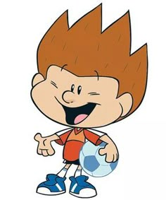 a cartoon boy holding a soccer ball and smiling at the camera with his mouth open