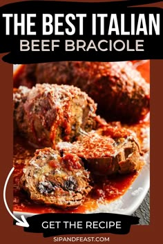 the best italian beef bracioe recipe on a white plate with text overlay