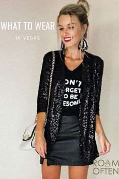 What To Wear In Vegas, Stil Rock, Black Sequin Jacket, Party Outfits Night, Fiesta Outfit, Vegas Style, Vegas Outfit, Sequin Jacket