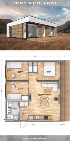 the floor plan for a tiny cabin with two levels and an open living area in it