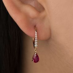 Delicate teardrop earrings made in 14k or 18k rose gold, featuring pear rubies & diamonds in a tapering effect. Fine earrings, set with high-quality stones, suitable for daily wear, and for any occasion. ● These earrings are shown in rose gold but can be made in yellow or white gold as well. You can select the gold color you like in the menu bar above ♦ DIAMONDS SPECIFICATIONS ♦ Shape: Round  Pieces: 12 Total Carat Weight: 0.12ct Color: G+ Clarity: VS+ ♦ GEMSTONES SPECIFICATIONS ♦ Type: Ruby Sha Ruby Teardrop Earrings, Teardrop Gemstone Earrings, Ruby Earing Designs, Gold Ruby Drop Earrings, Daily Wear Diamond Earrings, Ruby Earrings Indian, Daily Wear Earrings Gold Indian, Ruby Gold Earrings, Ruby Earrings Gold