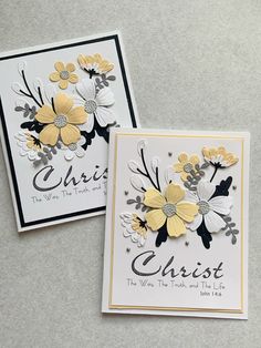 two cards with flowers on them and the words christ in white, yellow and black